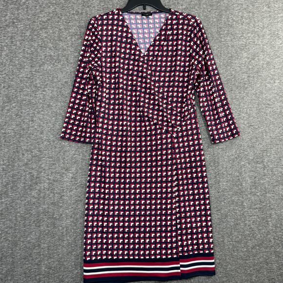 Talbots Petite Large Faux Wrap Dress Blue Red White Geometric Stripe 3/4 Sleeve - Picture 1 of 5